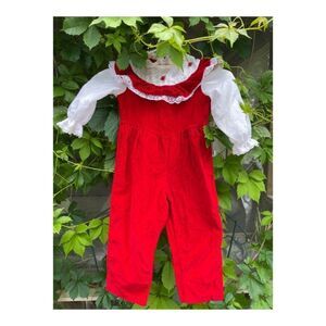 Vintage 80s Red Velvet Corduroy Romper Suit Formal White Lace One Piece Sz 3